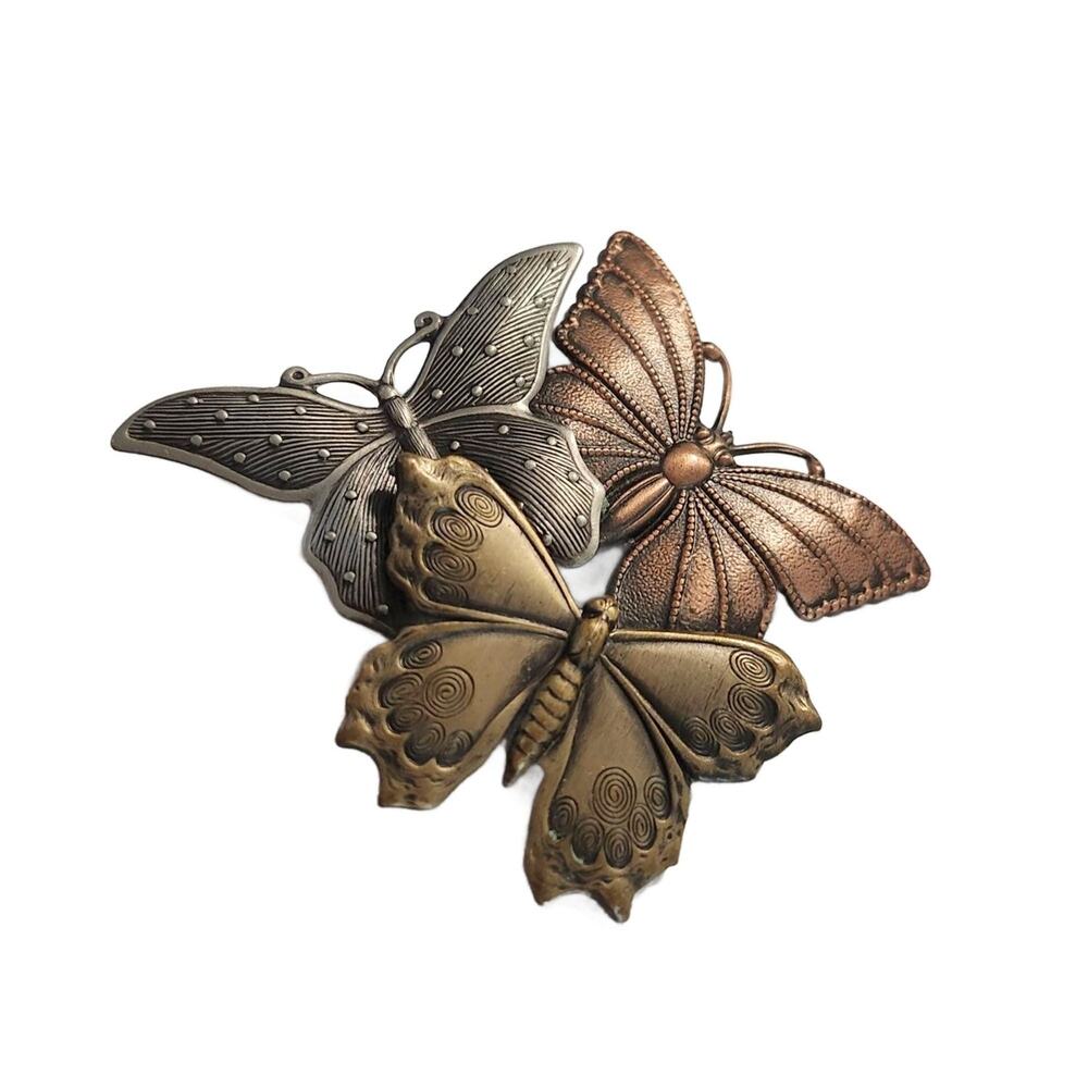 Vintage Mixed Metal Butterfly Brooch, Copper, Brass, Pewter, 2.5" wide